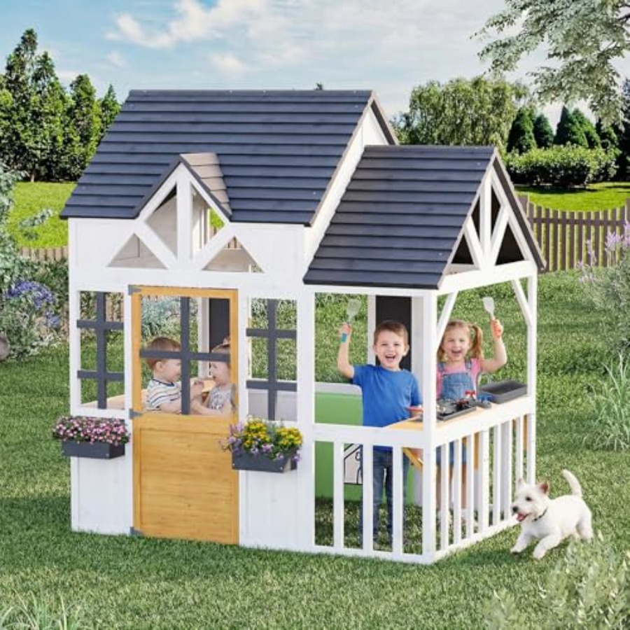 Kids Outdoor House With Kitchen - Outdoor Wooden Play House For Kids